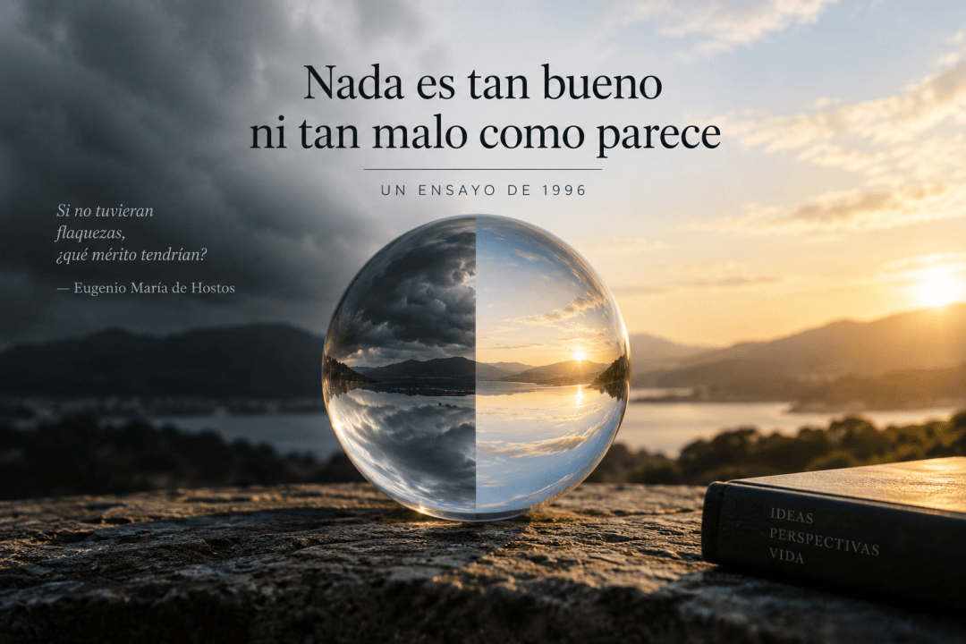 Una esfera de cristal refleja un paisaje con montañas y un lago, mostrando dos mitades: una oscura y otra iluminada por el sol. Incluye un libro titulado 'IDEAS PERSPECTIVAS VIDA'.