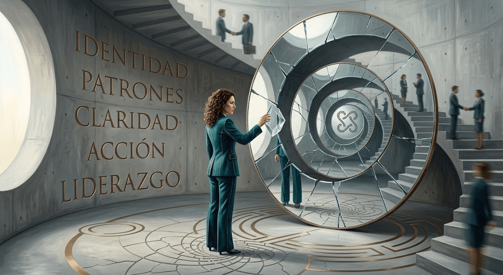Una mujer de pie frente a un espejo roto en un entorno moderno, con palabras que representan conceptos como identidad, claridad, y liderazgo en las paredes.