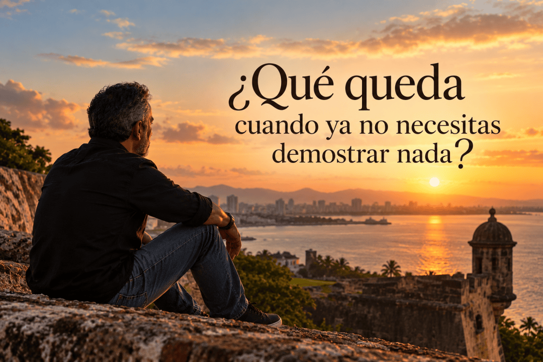 Hombre sentado en una roca al atardecer, mirando hacia el horizonte con una cita reflexiva en el lado derecho.
