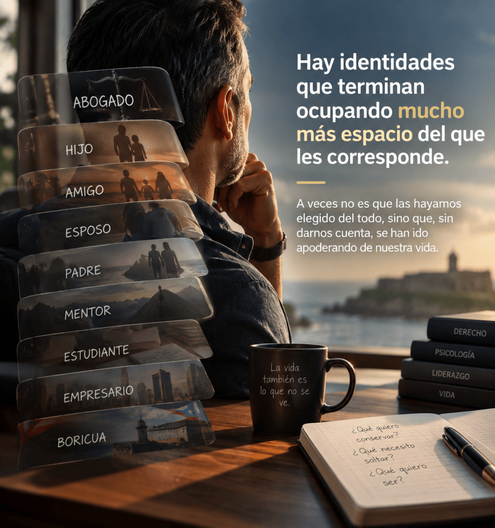 Una persona observando el paisaje con varios roles como abogado, hijo y amigo superpuestos en imágenes transparentes.