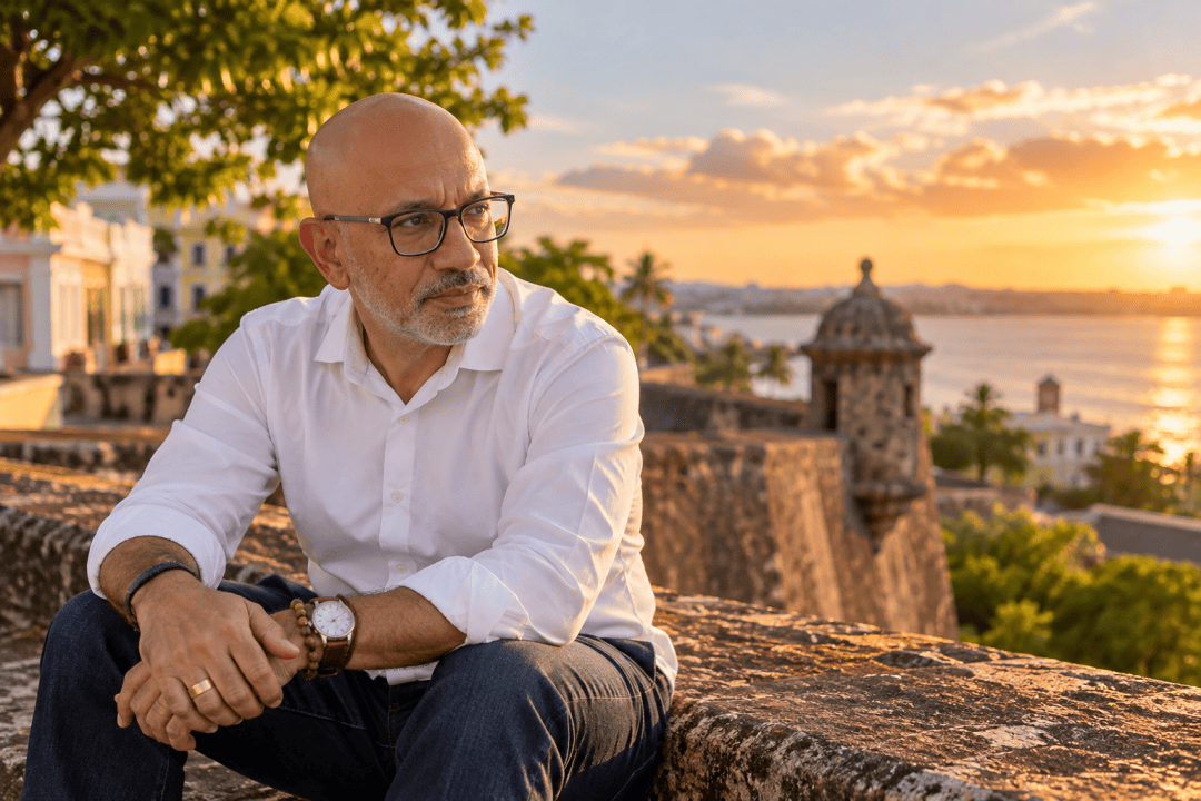 Hombre sentado sobre una muralla del Viejo San Juan, contemplando el paisaje en actitud reflexiva.